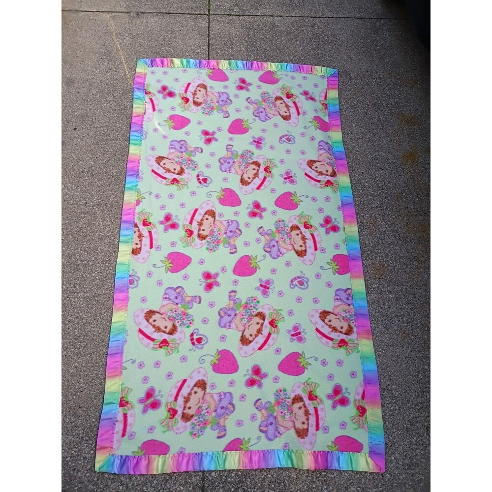 Vintage Strawberry Shortcake Fleece Blanket Handmade Rainbow Satin Trim READ